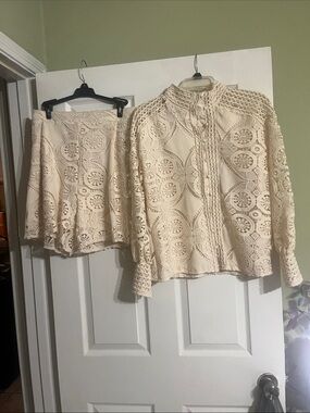 A Classy Chic Boutique Cream Crochet Two-Piece Set - Skirt & Jacket
